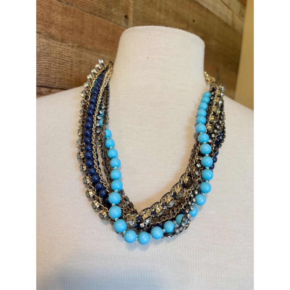 Multi Strand Statement Necklace Turquoise Navy Blue Beads‎ Rhinestones Gold Tone